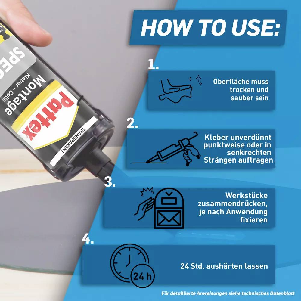 Pattex-Flasche mit Hinweis 'How to use': Oberfläche reinigen, Klebstoff auftragen, Teile zusammenfügen, 24 Stunden aushärten lassen.