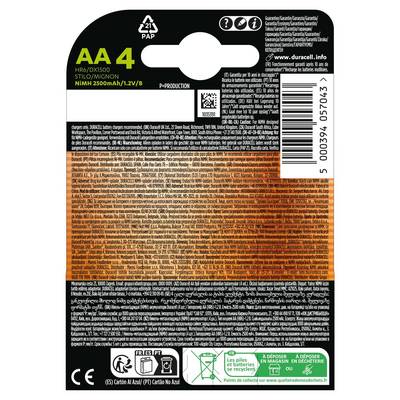 „AA 4" Paketaufkleber für wiederaufladbare NiMH-Batterien, 2500mAh, 1,2V, von Duracell. Recycling- und Kompatibilitätssymbole enthalten.