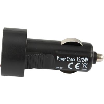 'Power Check 12/24V' Fahrzeug Netzadapter, schwarze zylindrische Form, mit CE-Kennzeichnung. Geeignet für 12V- und 24V-Fahrzeuge.