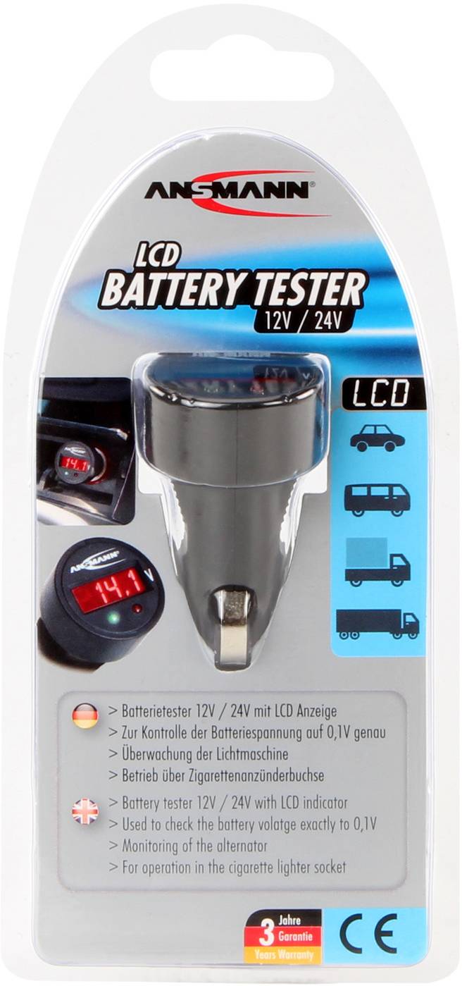 'LCD Battery Tester 12V/24V' mit LCD-Anzeige zur genauen Spannungsmessung. Geeignet für Zigarettenanzünder. Enthält Bild und Grafiken.