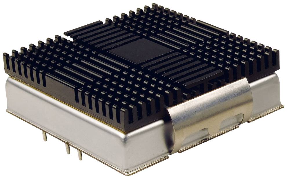 Ein schwarzer Kühlkörper mit mehreren Rippen auf einem silbernen Metallgehäuse. Wird zur Kühlung von elektronischen Komponenten verwendet.
