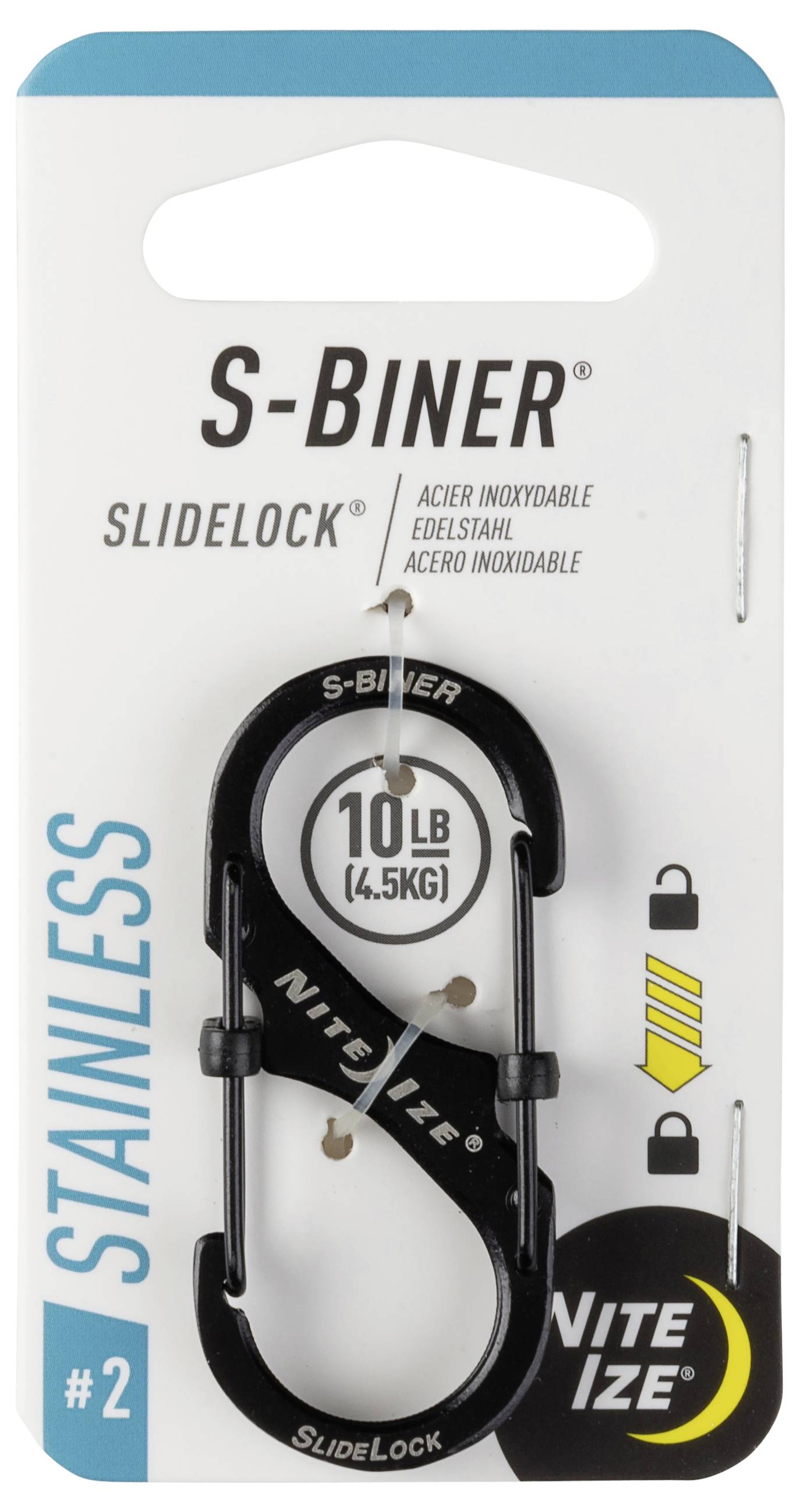 Ein schwarzer S-Biner SlideLock Karabiner, beschriftet mit einer Tragfähigkeit von '10 lb (4,5 kg)', auf einer weiß-blauen Verpackung mit dem Aufdruck 'Stainless' von Nite Ize.