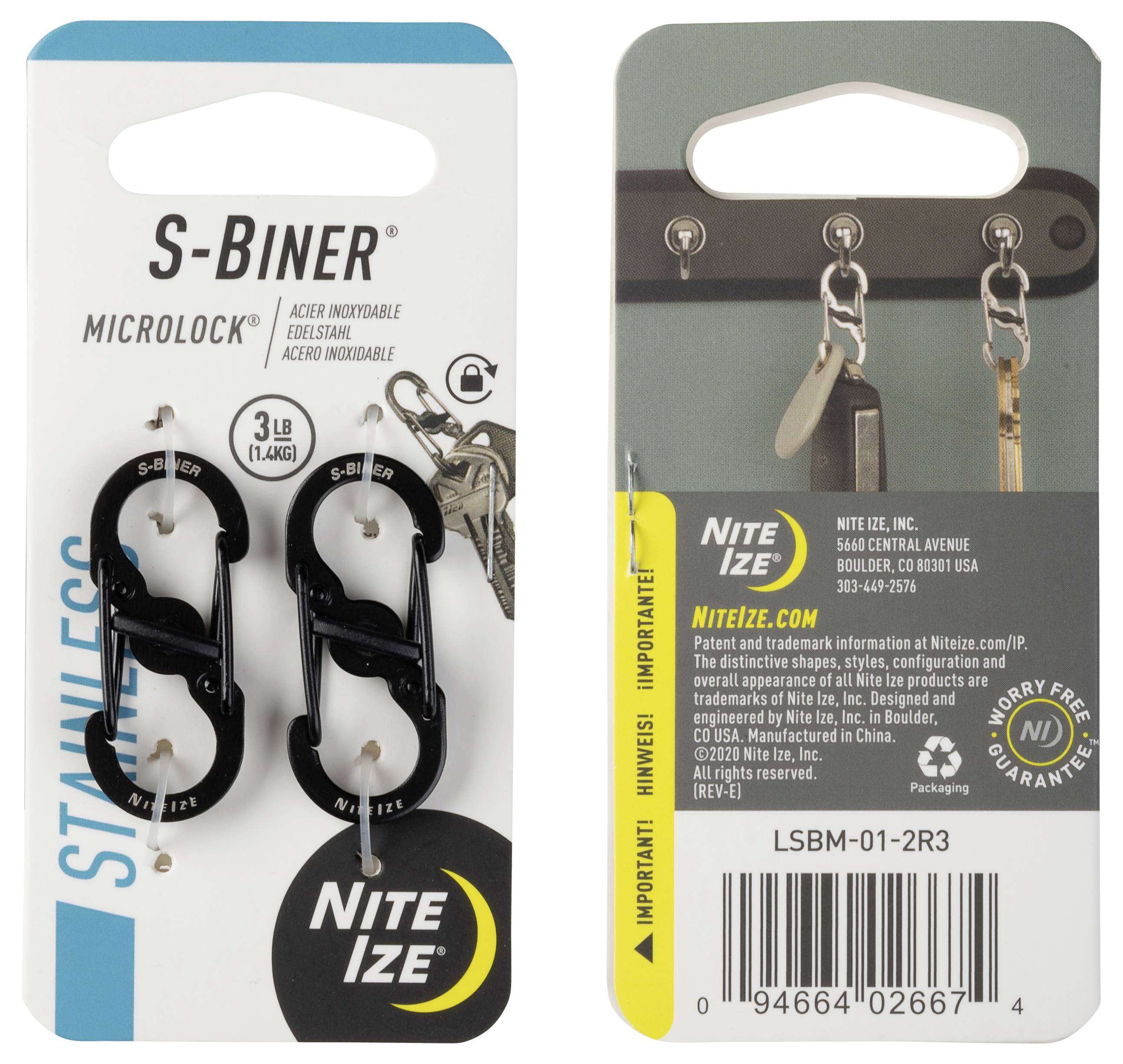 'Nite Ize S-Biner Microlock Edelstahl, hält bis zu 3 lb. (1,4 kg). Doppeltorige Konstruktion zum Sichern von Gegenständen. Enthält zwei schwarze S-Biners.'