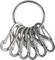 Ein Metallring hält mehrere kleine Karabiner, die jeweils einen Klickmechanismus besitzen und zum Befestigen oder Organisieren von Schlüsseln und kleinen Gegenständen verwendet werden.