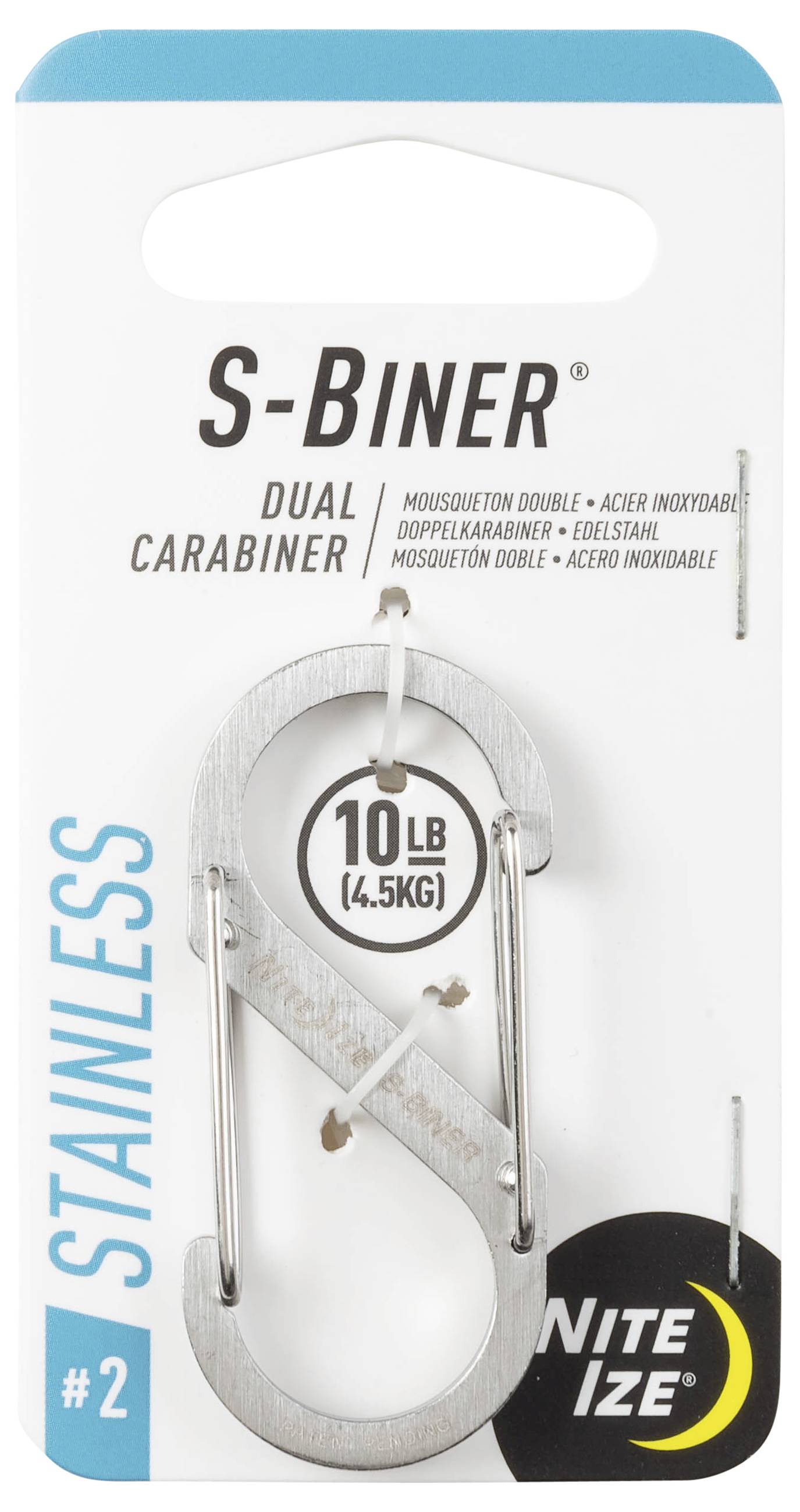 "S-Biner Dual Carabiner #2" mit einer Tragfähigkeit von 10 lb (4,5 kg), gefertigt aus Edelstahl, auf einer Produktverpackungskarte präsentiert.