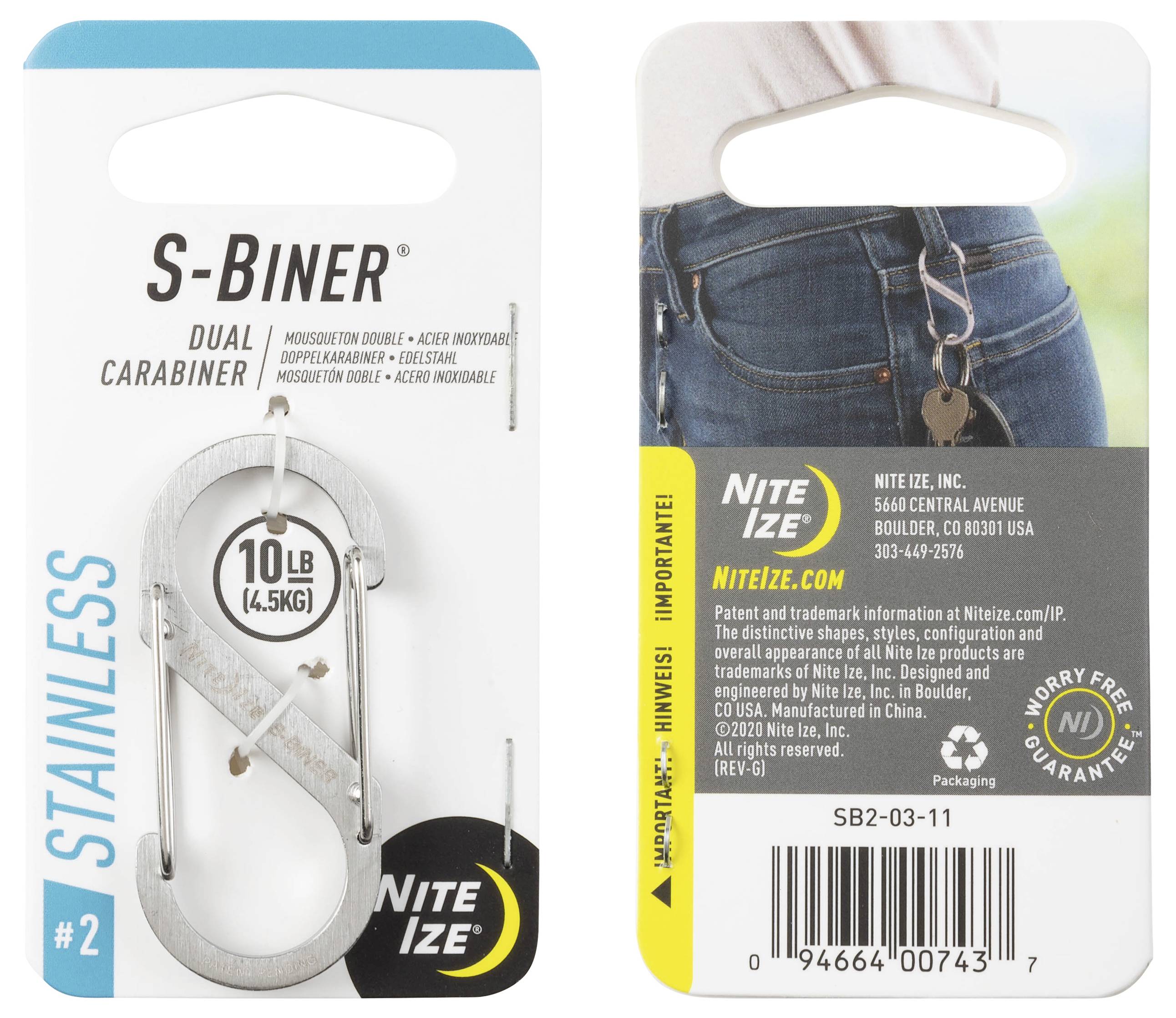 S-Biner Dual-Karabiner" Verpackung wird gezeigt, in Größe #2 aus Edelstahl, mit einer Tragfähigkeit von 10 lbs (4,5 kg) und Produktmerkmalen. Die Verpackung hebt die Verwendung zum Aufhängen von Gegenständen hervor.