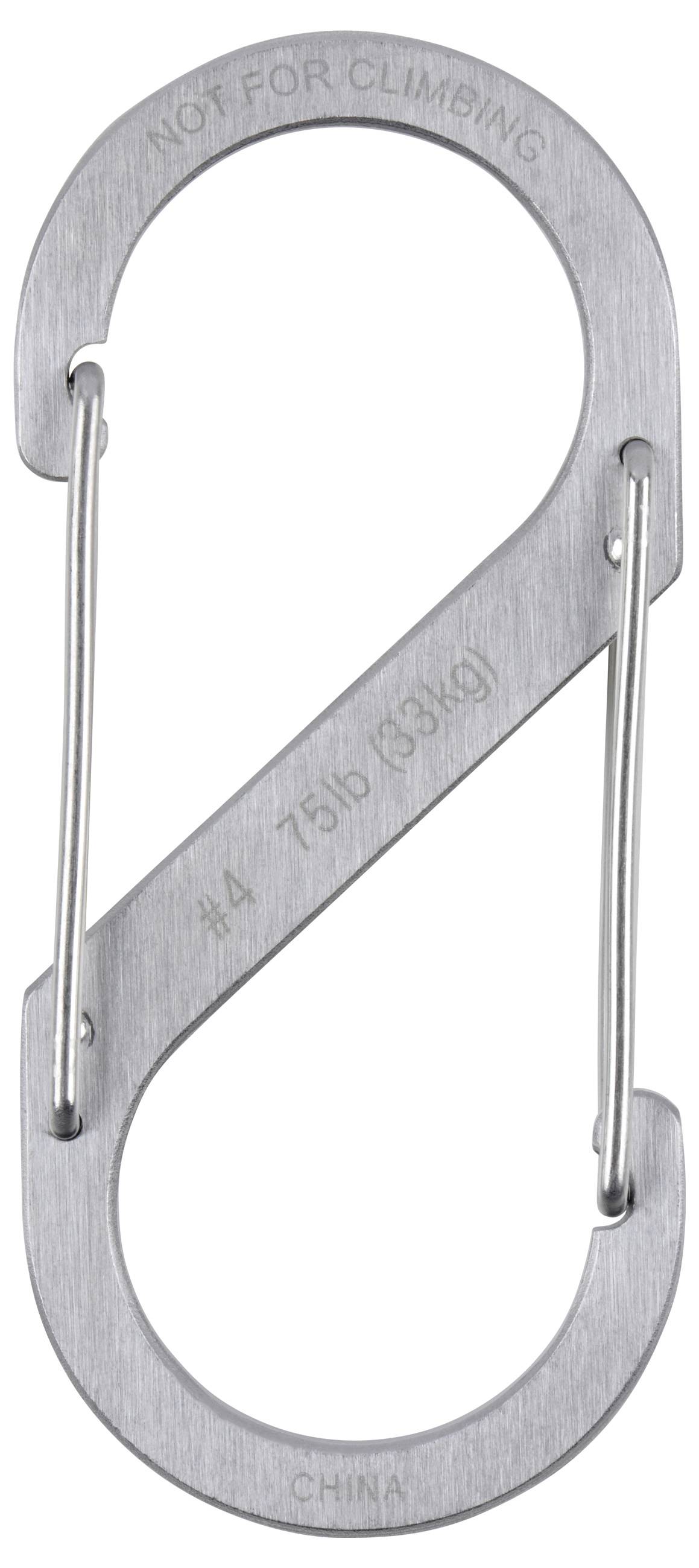 Metallener S-förmiger Karabiner mit dem Text "NICHT ZUM KLETTERN" und Gewichtsgrenzangaben. Geeignet für leichte Befestigungen, nicht für Sicherheitszwecke.