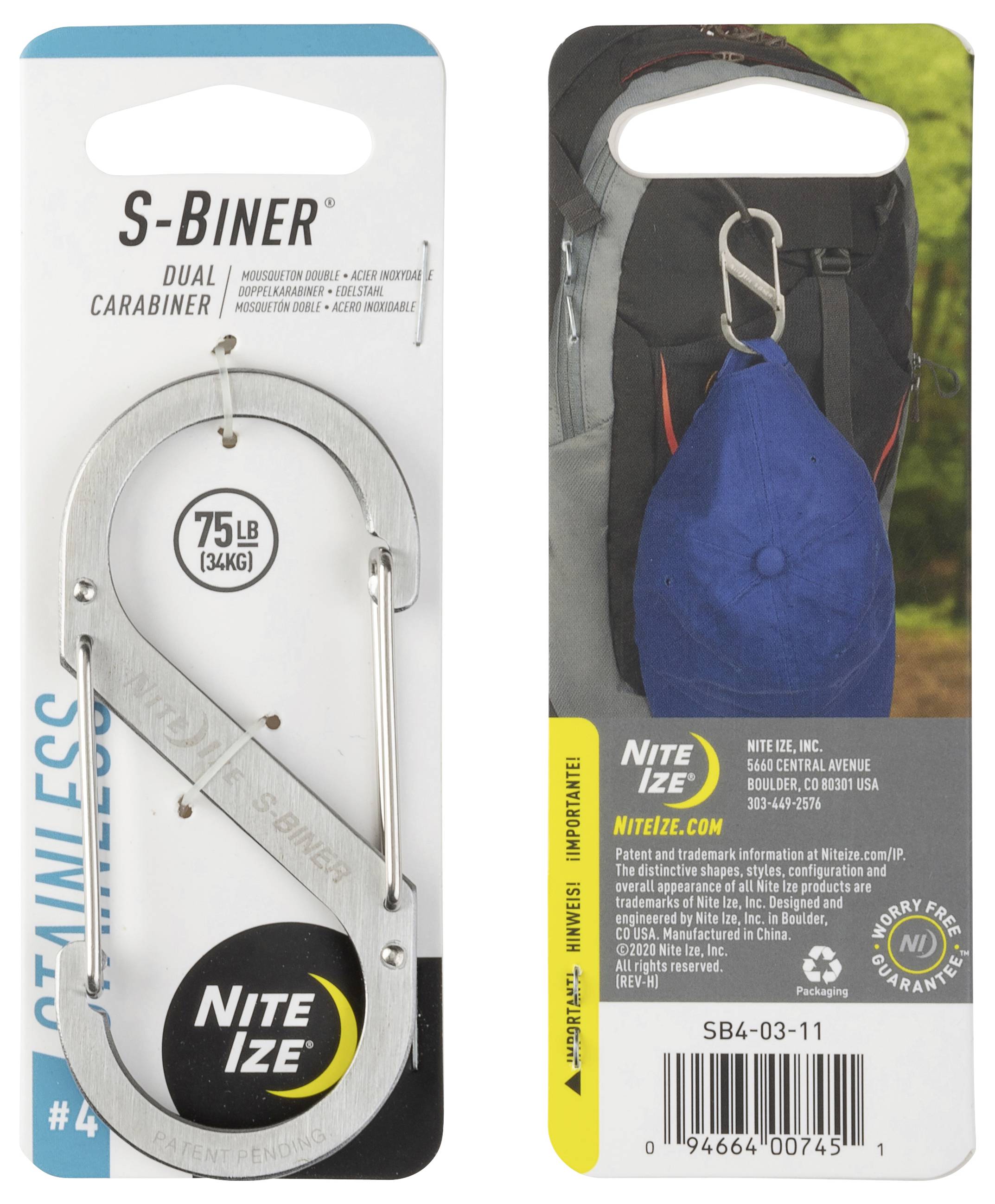 S-Biner' Doppelkarabiner-Verpackung mit Edelstahlclip und Etikett mit einer Tragfähigkeit von 75 lbs (34 kg). Bild auf der Rückseite zeigt einen Karabiner, der einen Hut an einem Rucksack befestigt.