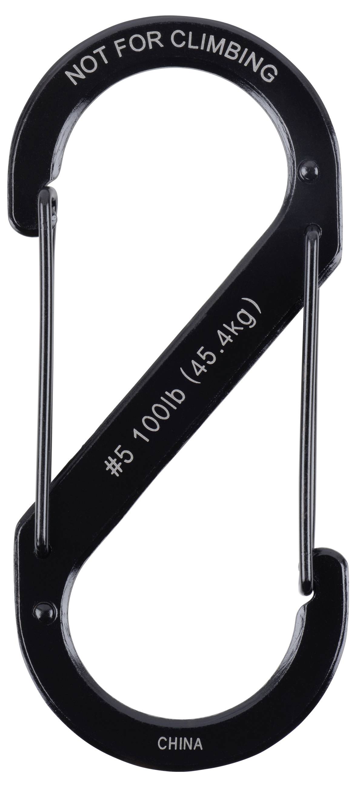 Schwarzer S-förmiger Karabiner mit Text "NICHT FÜR KLETTERN", "#5 100lb (45,4kg)" und "CHINA".
