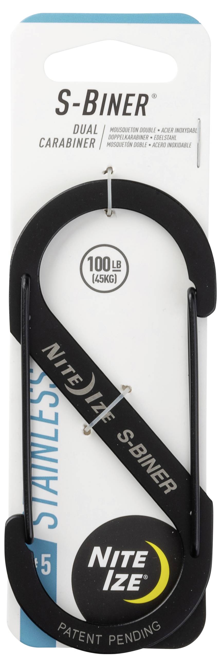 Schwarzer Edelstahl-Karabiner mit Doppelhaken, beschriftet mit 'Nite Ize S-Biner', mit einer Tragfähigkeit von bis zu 100 lbs (45 kg); Verpackung zeigt Größe #5.