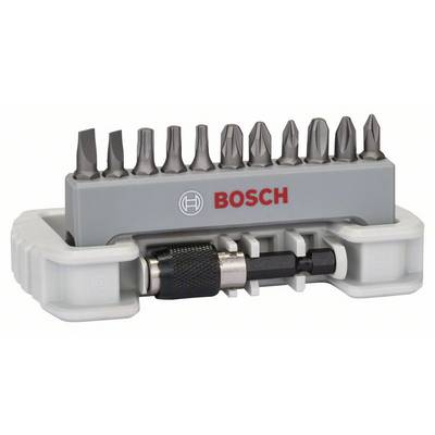 Ein 10-teiliges Schraubendreher-Bitset von Bosch mit Bits für verschiedene Schraubenkopftypen und einem magnetischen Halter.