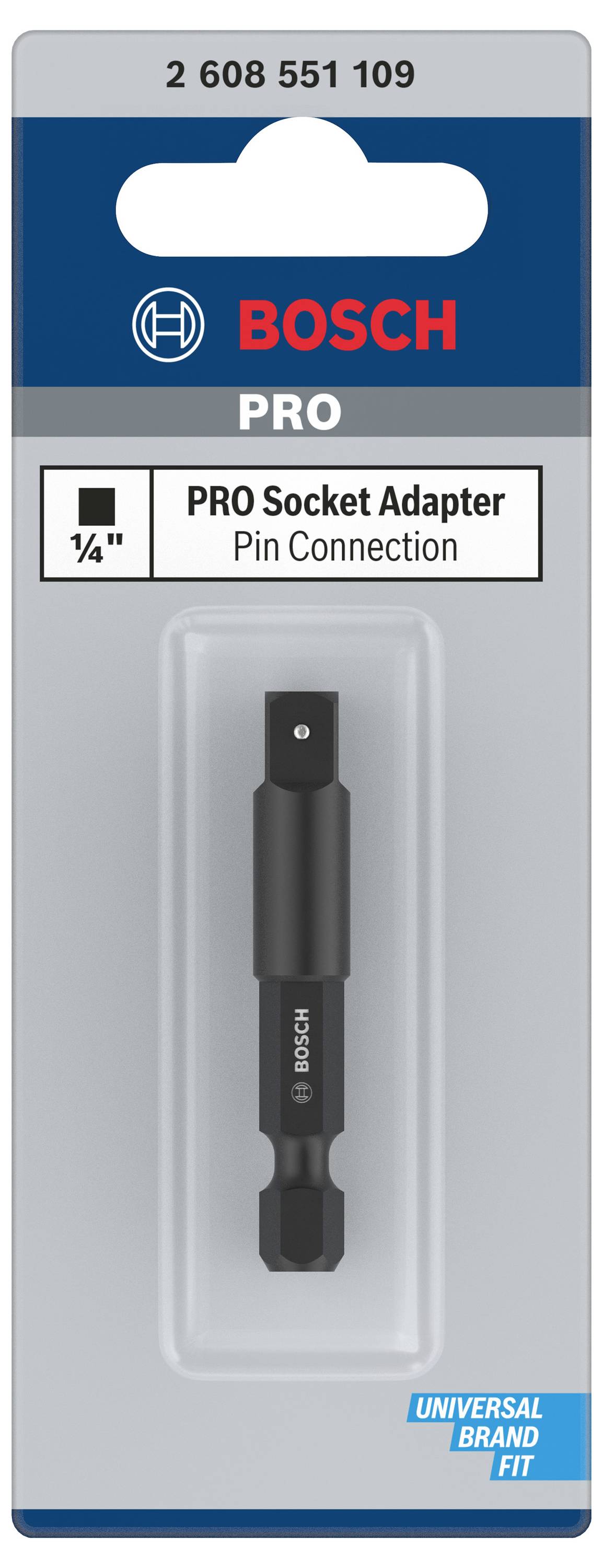 'Bosch PRO Steckdosenadapter' auf Verpackung. Adapter mit Pin-Verbindung, Größe 1/4 Zoll. Text: 'UNIVERSAL BRAND FIT'.