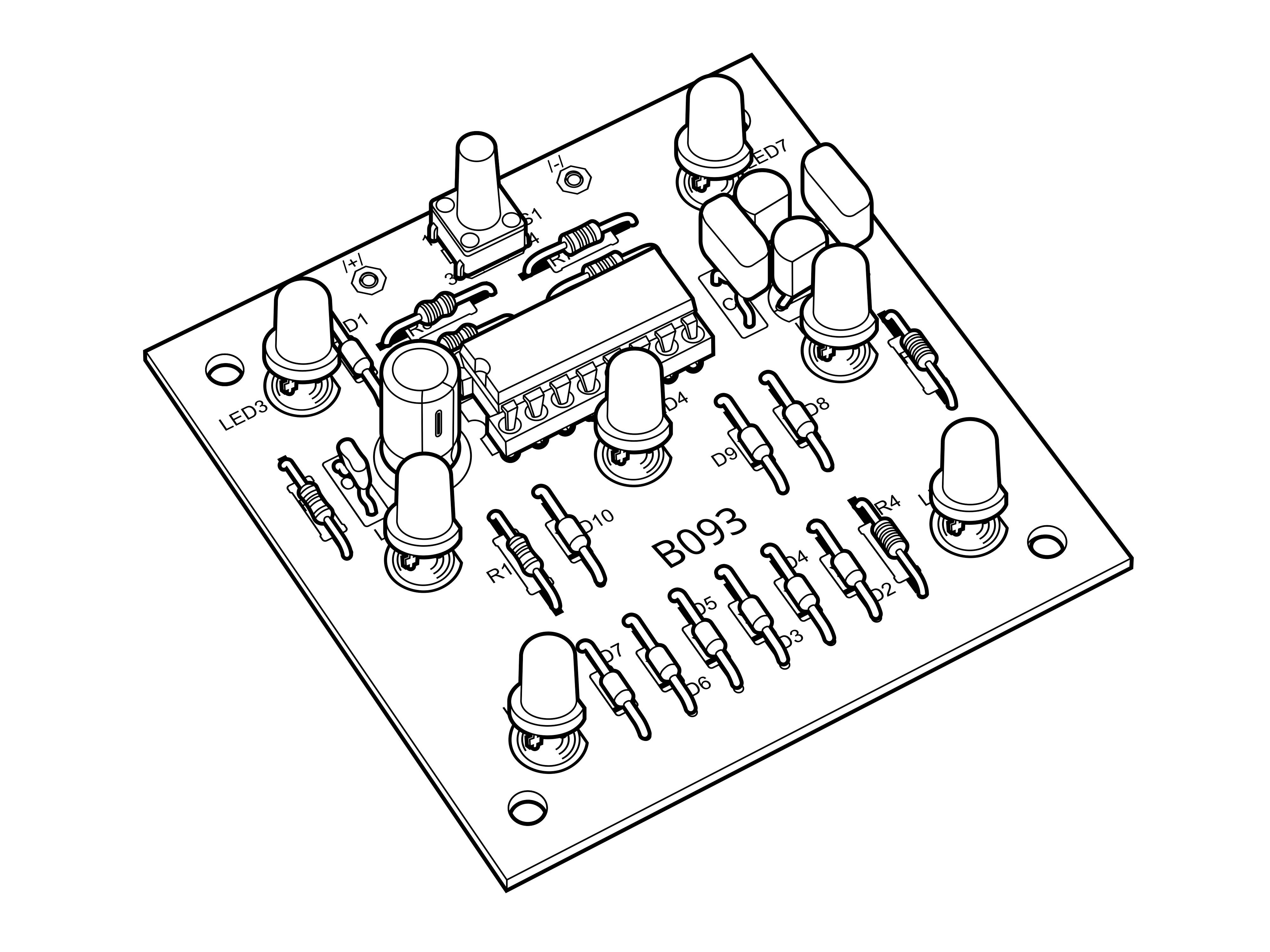 Eine elektronische Platine mit mehreren LED-Leuchten, Widerständen und einem integrierten Schaltkreis. Beschriftet mit 'B093'.