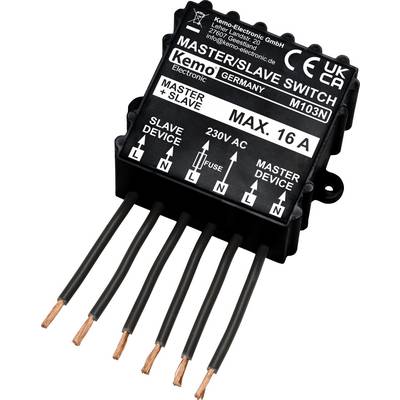 Elektronischer Schalter von Kemo Germany mit der Aufschrift 'Master/Slave Switch'. Maximale Belastung 16 A. Anschlusskabel sichtbar.