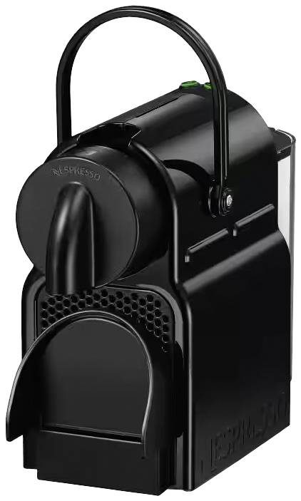 Kompakte schwarze Espressomaschine mit Kapselhalter und herausnehmbarem Wassertank. Ideal für schnellen Kaffeegenuss zu Hause.