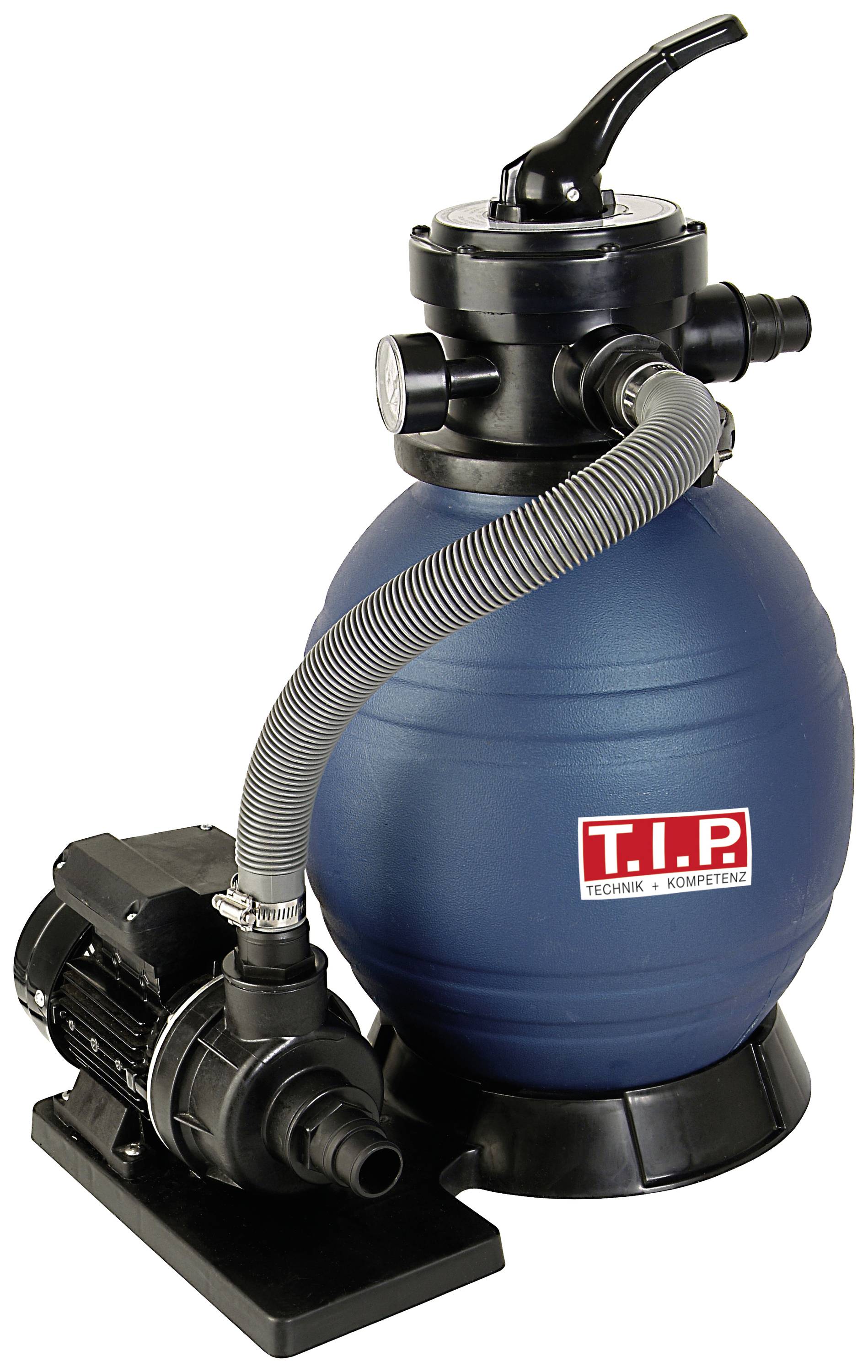 Blauer Sandfilter mit schwarzer Pumpe und Schläuchen, von der Marke 'T.I.P.', für Wasserreinigung in Pools oder Teichen.