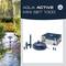'Aqua Active Mini Set 1.000' Produkteinführung. Zeigt einen Brunnen mit Sprinkleranlagen und eine Verpackung des Produkts.