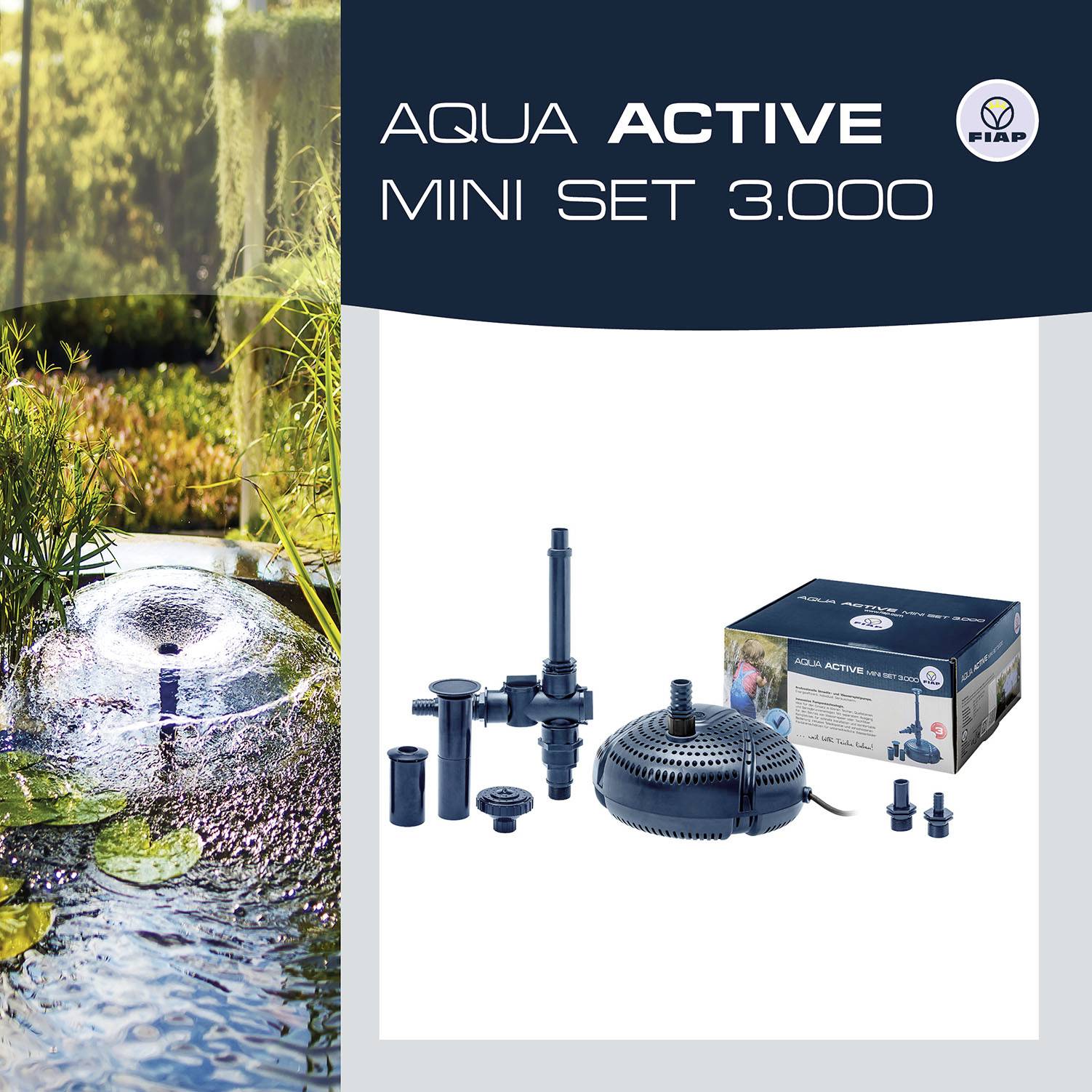 'Aqua Active Mini Set 3.000' von FIAP, Produktverpackung und Komponenten angezeigt. Gartenbrunnen im Hintergrund visualisiert die Anwendung.