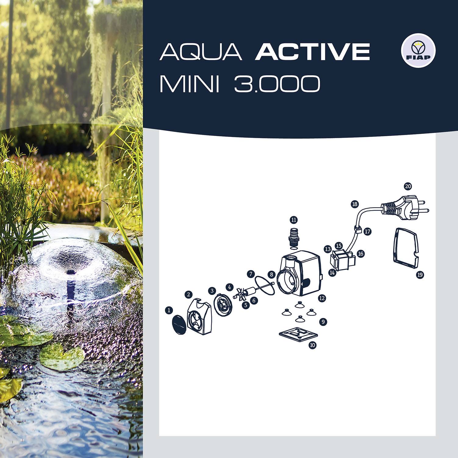 'Produktbild der Pumpe Aqua Active Mini 3.000 mit detailliertem Diagramm zur Montage und Anschluss eines Kabels.'