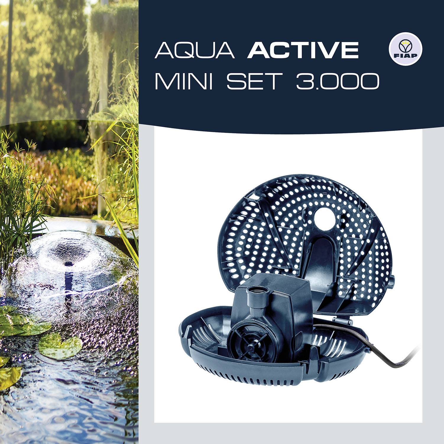 'Mini-Teichpumpe Aqua Active Set 3.000' wird präsentiert. Links Wasserbrunnen mit Pflanzen, rechts Abbildung der Pumpe mit Logo.