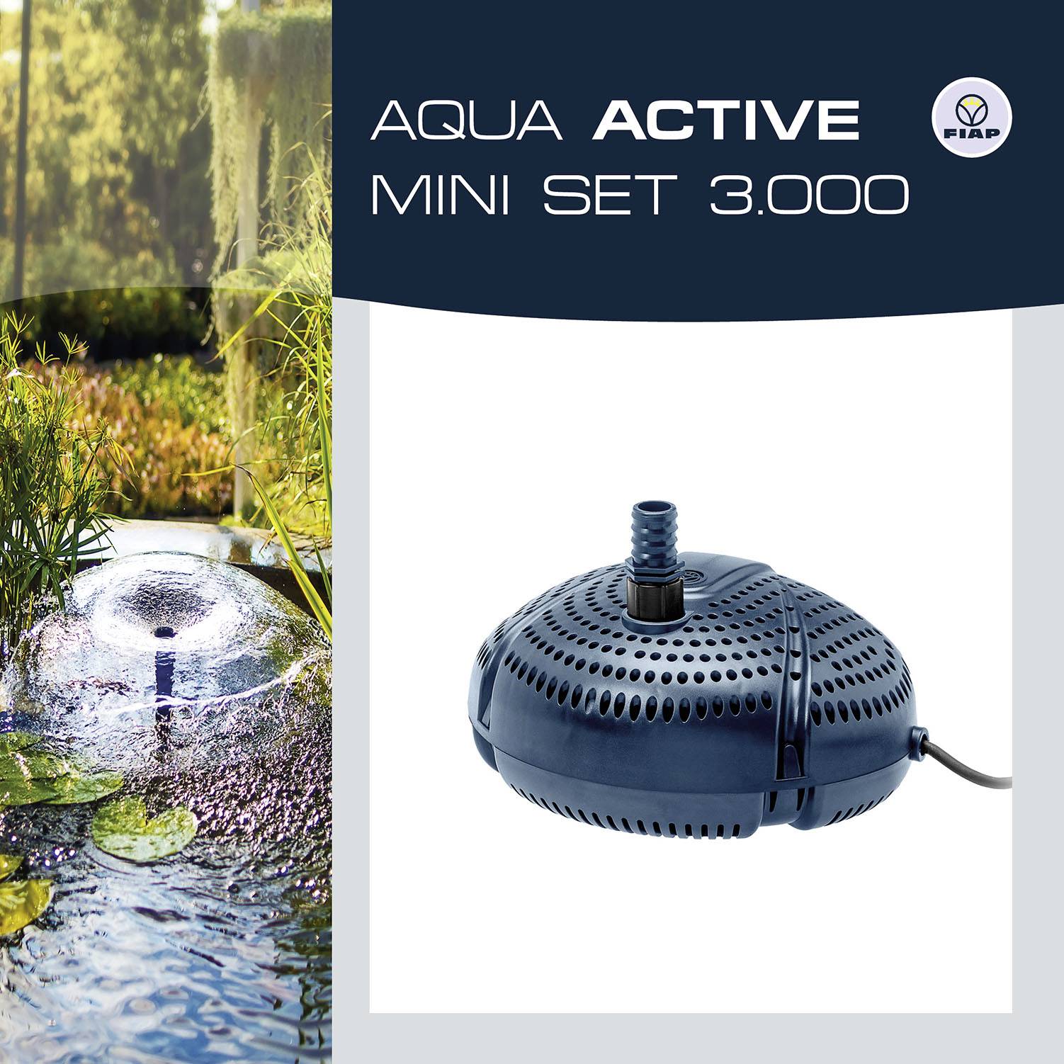 'AQUA ACTIVE MINI SET 3.000' Produktabbildung. Links: Sprudelwasser im Teich mit Pflanzenbeflanzung. Rechts: Elektrisches Gerät in Dunkelblau.