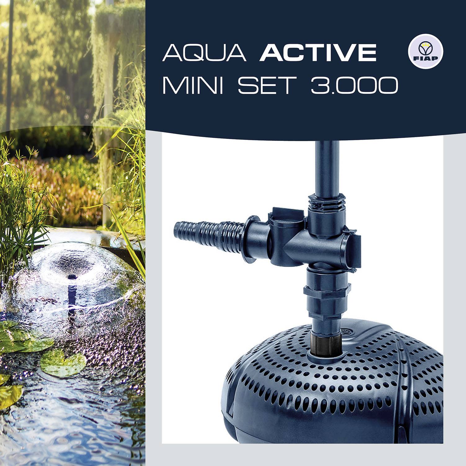 Aqua Active Mini Set 3.000 von FIAP in Gartenumgebung mit Wasserfontäne.