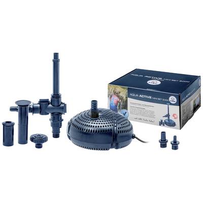 'AQUA ACTIVE Mini-Set 3000' Teichpumpe mit Zubehör. Blaues Pumpenset mit verschiedenen Aufsätzen, abgebildet neben der Produktverpackung.