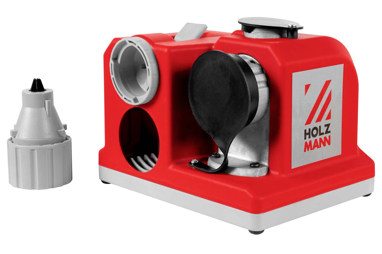 Rote und graue HOLZMANN-Maschine zum Schärfen von Bohrern, mit einem abnehmbaren Aufsatz daneben.