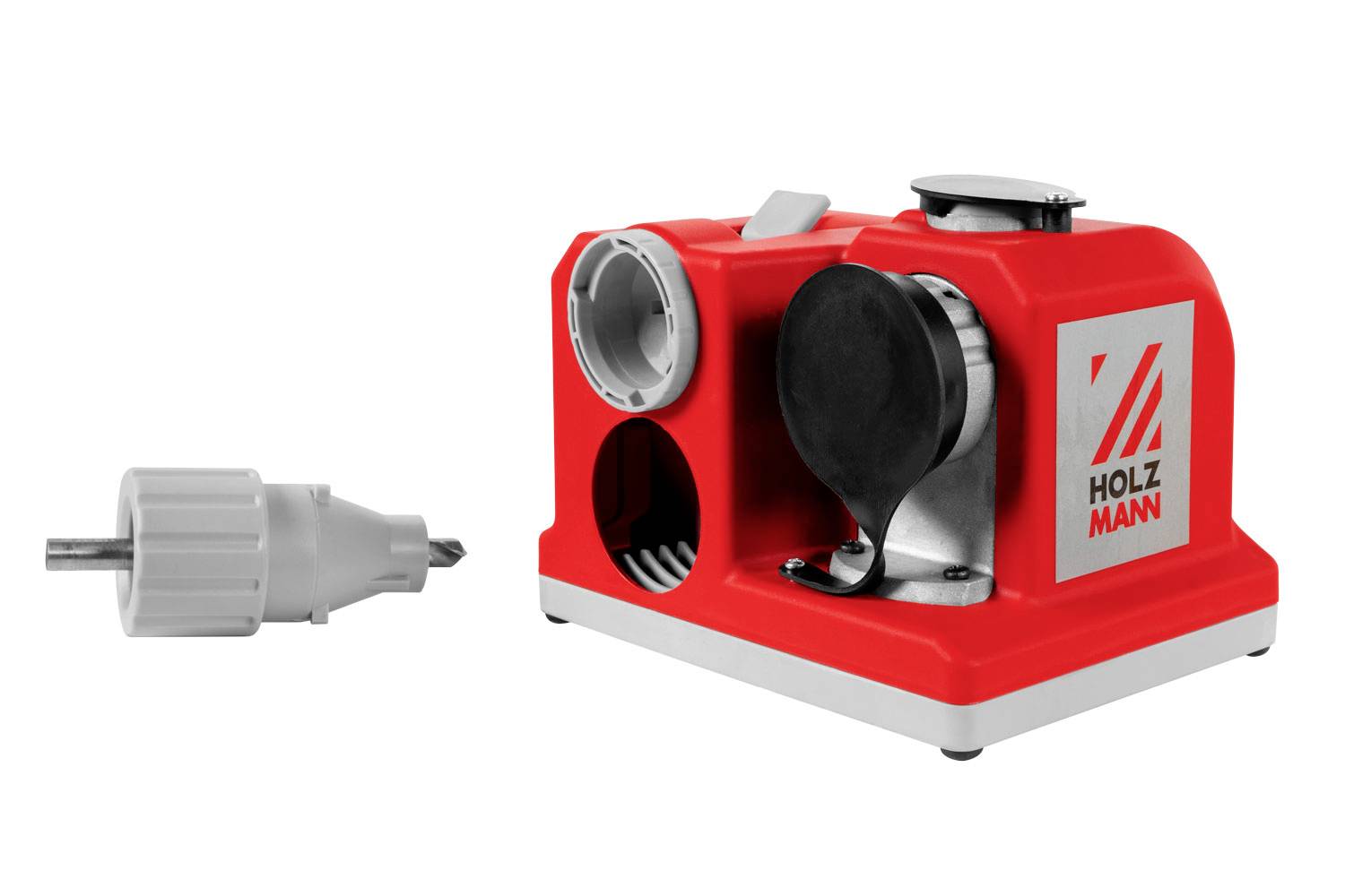 Roter Bohrermesser mit Aufsatz, versehen mit einem 'HOLZMANN' Logo. Entwickelt zum Schärfen und Warten von Bohrern.