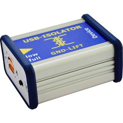 Ein USB-Isolator in einem grauen Gehäuse mit blauen Enden. Auf der Oberseite steht 'USB-Isolator GND-LIFT' in gelber Schrift.