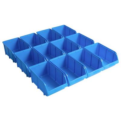 Zwölf blaue Lagerbehälter, die in einem Raster von drei mal vier angeordnet sind, wobei jeder Behälter identisch und an der Vorderseite offen ist, werden zur Organisation oder Lagerung von Gegenständen verwendet.
