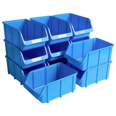 Ein Stapel von acht blauen Kunststoff-Aufbewahrungskisten, bestehend aus drei Stapeln mit je zwei Kisten und einem Stapel mit vier Kisten.