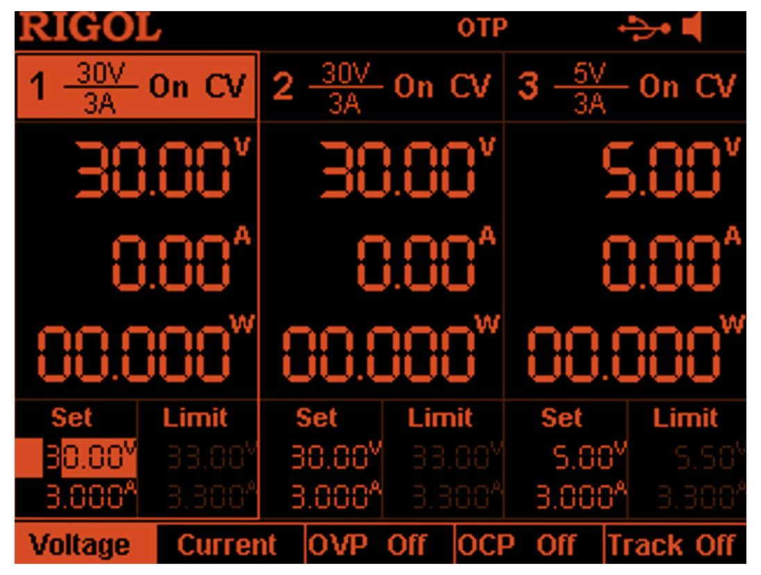 Anzeige eines elektronischen Geräts mit drei Kanälen. Jeder Kanal zeigt Spannung (V), Strom (A), und Leistung (W) an, mit Einstell- und Grenzwerten.