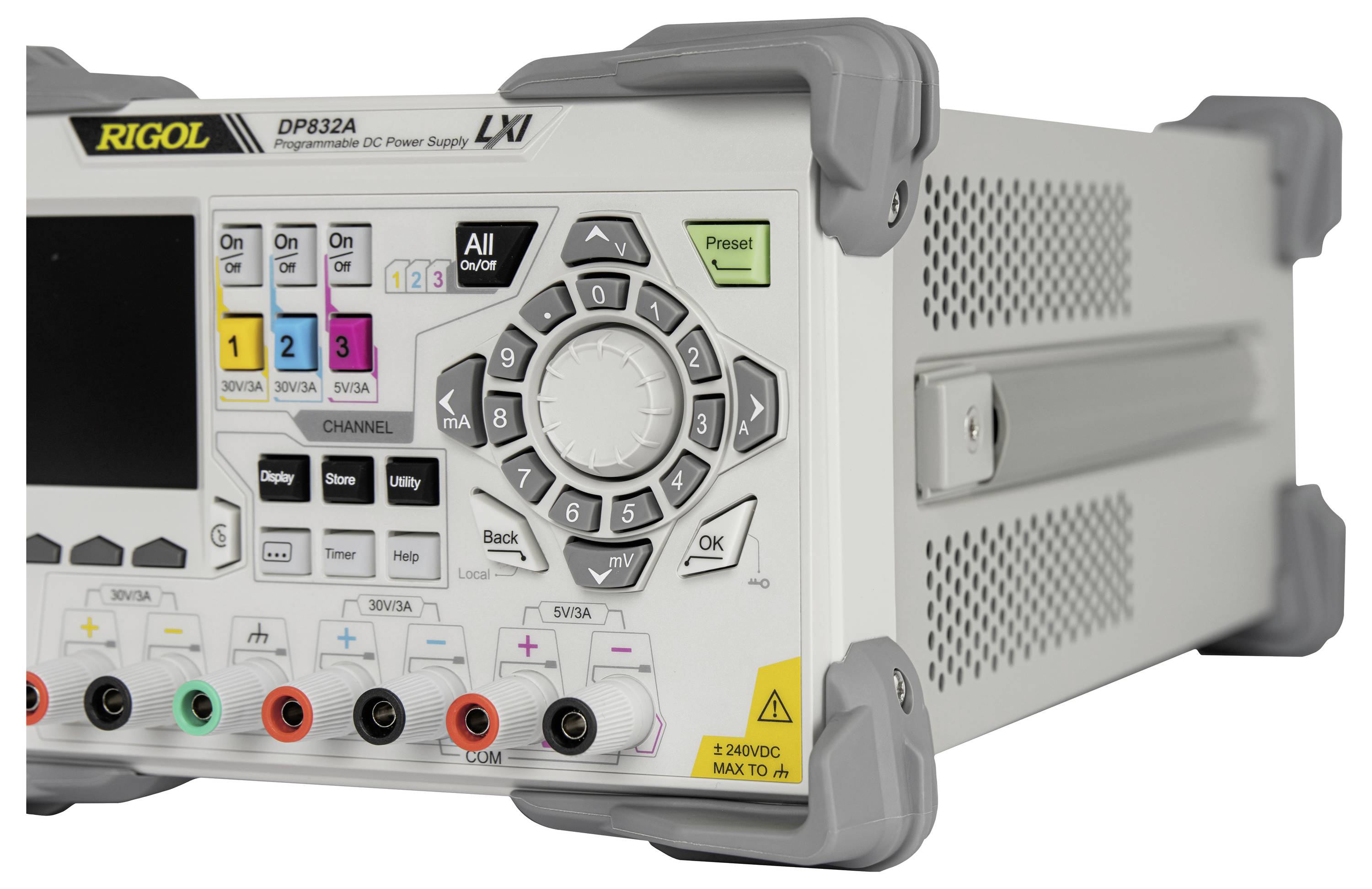 Schrägansicht eines programmierbaren DC-Netzteils mit Display, Tasten, Bedienrad und Anschlüssen. Markenname 'Rigol' sichtbar.