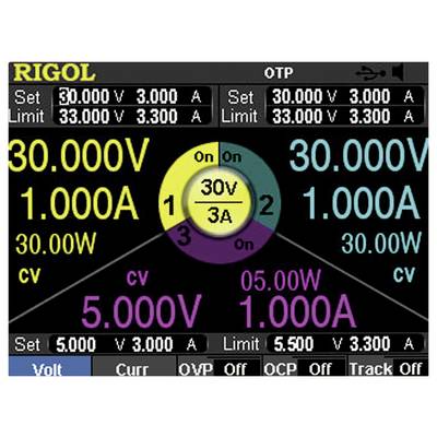 Mehrfarbiger Bildschirm eines Messgeräts zeigt Spannungen und Ströme: 30.000V/1.000A, 5.000V/1.000A, 30V/3A.