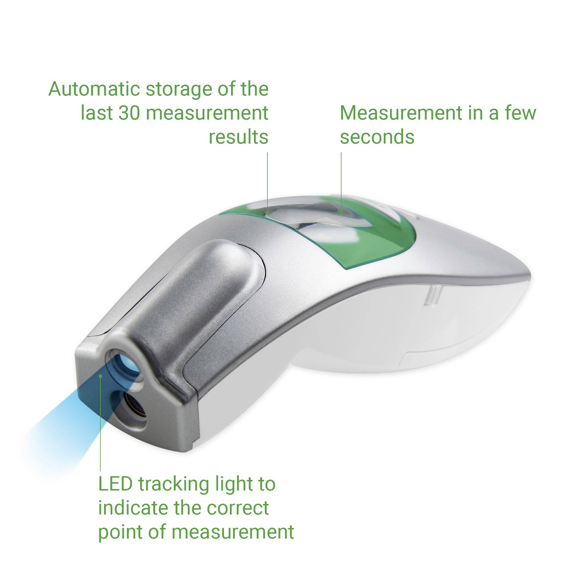 Ein digitales Stirnthermometer mit LED-Anzeige für genaue Messung. Speichert die letzten 30 Messungen, Ergebnisse in Sekundenschnelle.