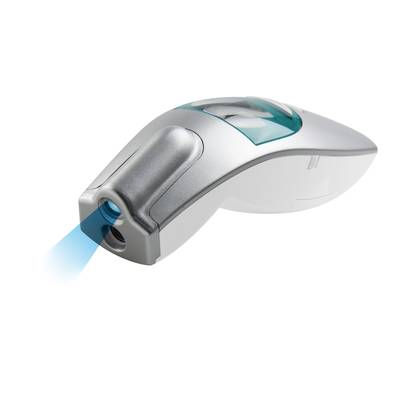 Ein silbernes, handgehaltenes Lasergerät mit blauem Lichtstrahl, das auf eine Oberfläche gerichtet ist. Geeignet für präzise Anwendungen.