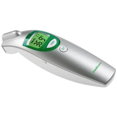 Ein digitales Thermometer zeigt eine Temperatur von 36,9 °C an. Markiert mit 'START' und 'ON'-Knöpfen, Markenname 'medisana'.