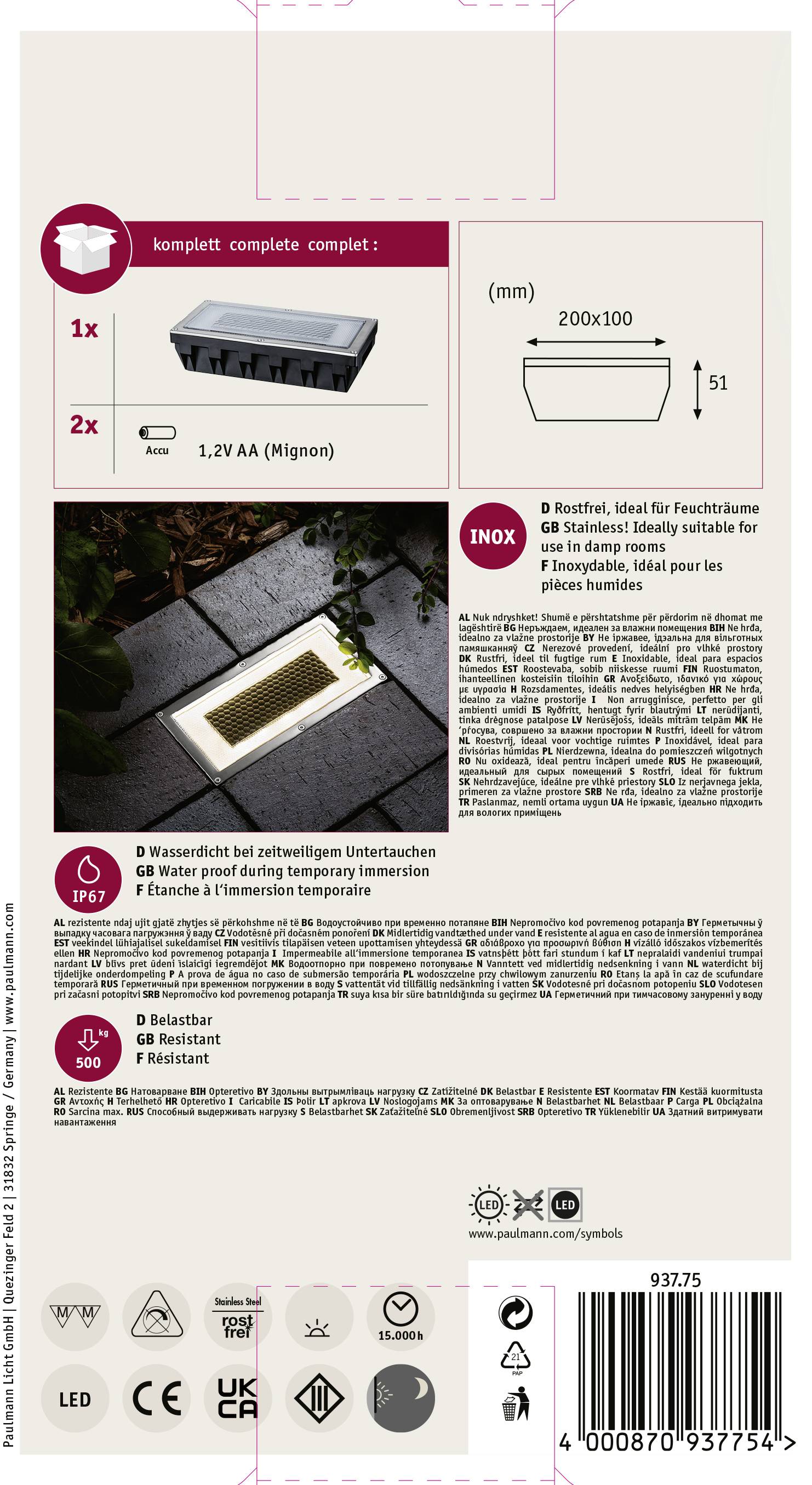 'INOX' Außenleuchte, batteriebetrieben. Enthält Abdichtung für wasserdichten Einsatz. Verpackungsabbildung mit Anweisungen und Produktanordnung.