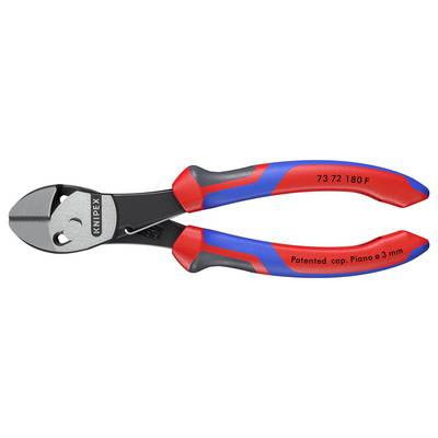 Rote und blaue Knipex-Zangen mit einem schwarzen Metallkopf, gekennzeichnet mit '73 72 180 F'. Text am Griff lautet 'Patentierter Kopf. Piano 3 mm'.