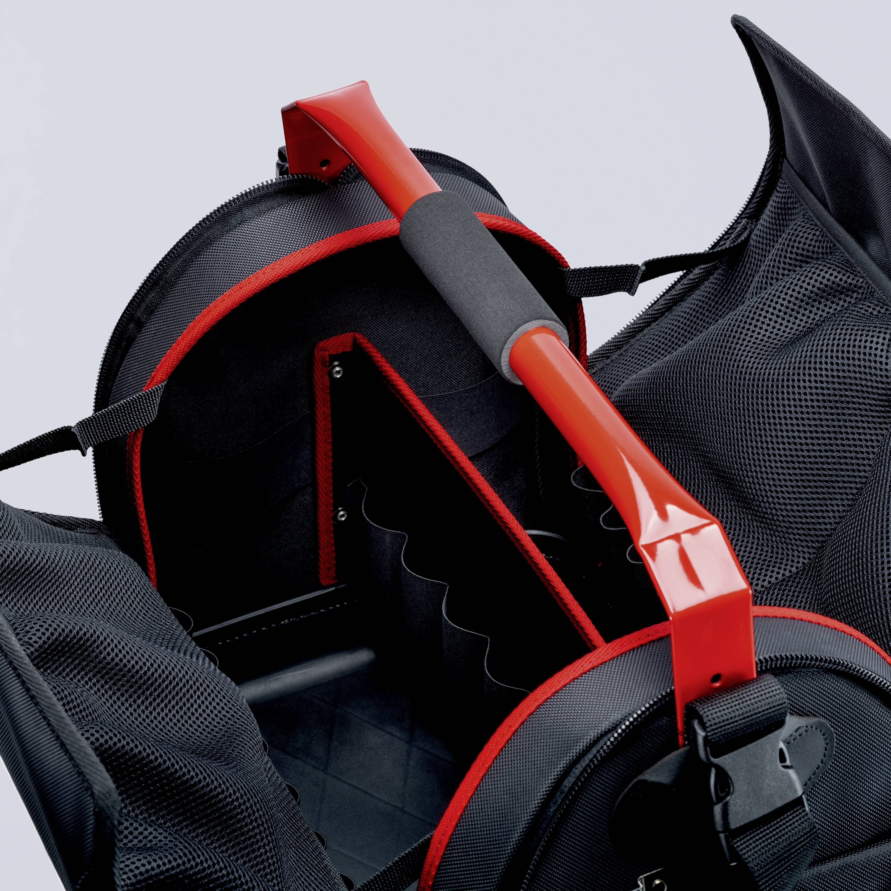 Schwarzer und roter Stuhl mit Lendenstütze und Netzgewebe, ergonomisch gestaltet für Büro oder Gaming.