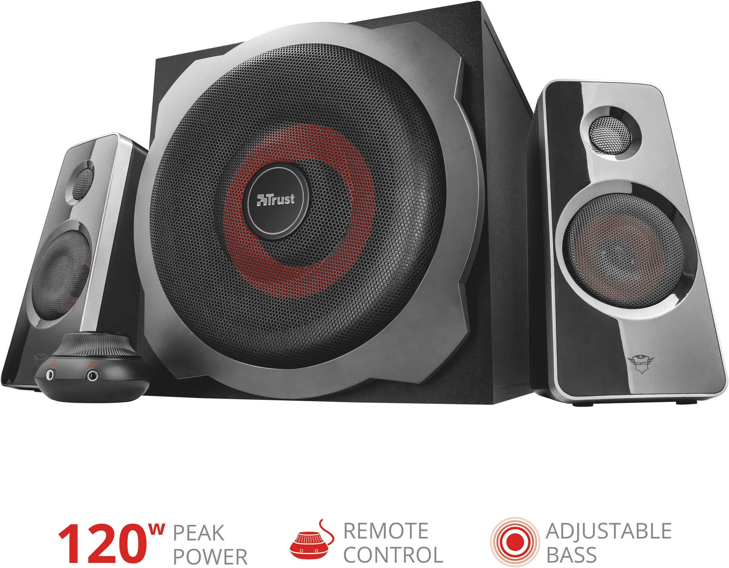 'Lautsprechersystem mit Subwoofer und Satellitenlautsprechern, 120 Watt Spitzenleistung, inklusive Fernbedienung und einstellbarem Bass.'