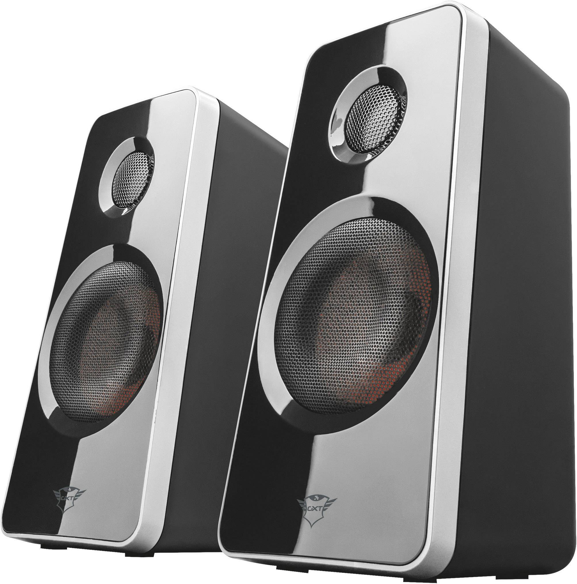 Zwei schwarze Lautsprecher mit silbernen Details und Metallgittern, geeignet für Computer oder Heim-Audiosysteme.