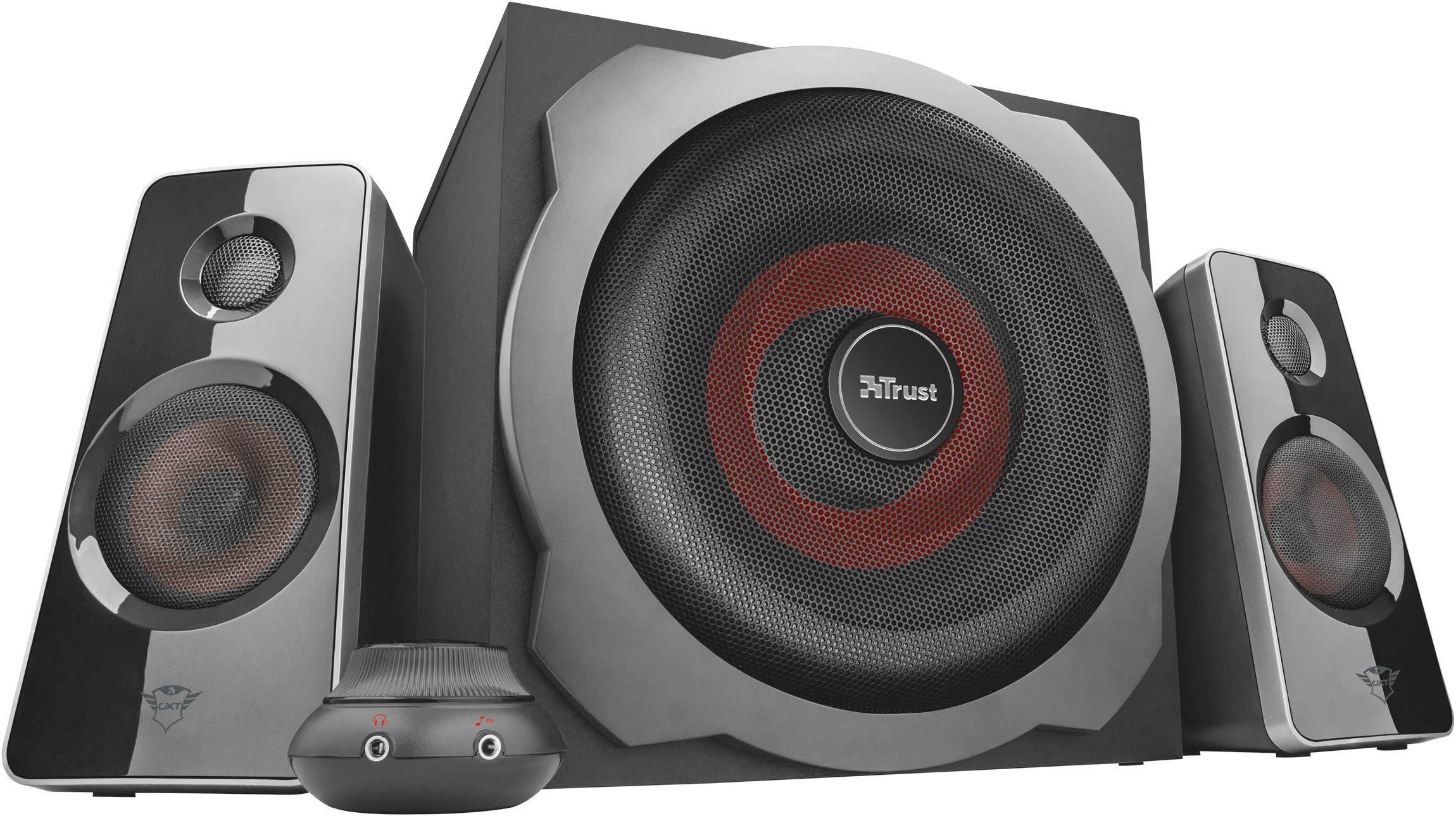 'Schwarzes Lautsprechersystem mit zentralem Subwoofer und zwei kleineren Lautsprechern. Markierung 'Trust' in der Mitte des Subwoofers.'