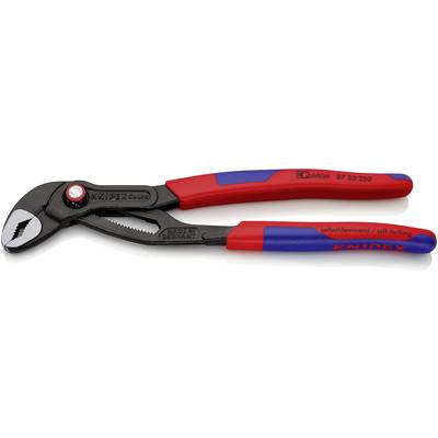Rote und blaue Wasserpumpenzange der Marke Knipex, Modellnummer 87 22 250, mit selbstklemmendem Design zum Greifen von Rohrfittings.