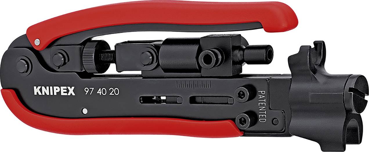 Crimpzange von Knipex, schwarz-rote Griffe, Modell 97 40 20; geeignet für Netzwerk- und Telekommunikationsstecker.