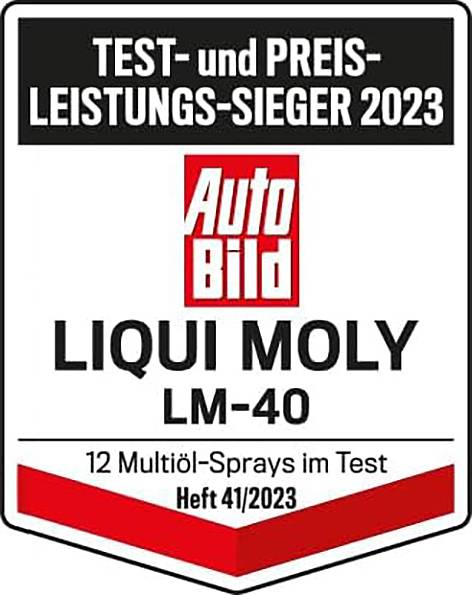 'Auszeichnung als Test- und Preis-Leistungs-Sieger 2023 von Auto Bild für Liqui Moly LM-40, 12 Multiöl-Sprays im Test, Heft 41/2023.'