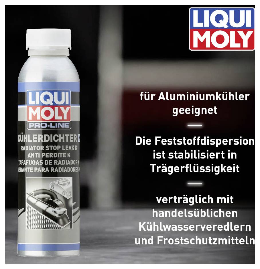 'LIQUI MOLY Kühlerdichter für Alukühler geeignet. Feststoffdispersion stabilisiert. Verträglich mit Kühlwasserveredlern und Frostschutz.'