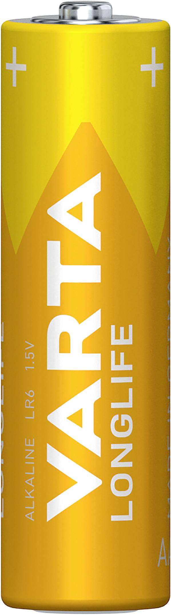 Gelbe AA-Batterie mit der Aufschrift 'Varta Longlife', Spannung 1,5V, Alkaline.
