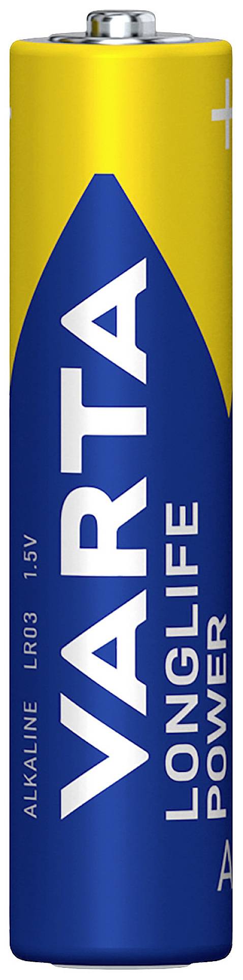 'VARTA'-Batterie, Typ AA, Alkaline, 1.5V, blau-gelbes Design, Aufschrift 'LONGLIFE POWER', für Geräte mit hohem Energiebedarf.